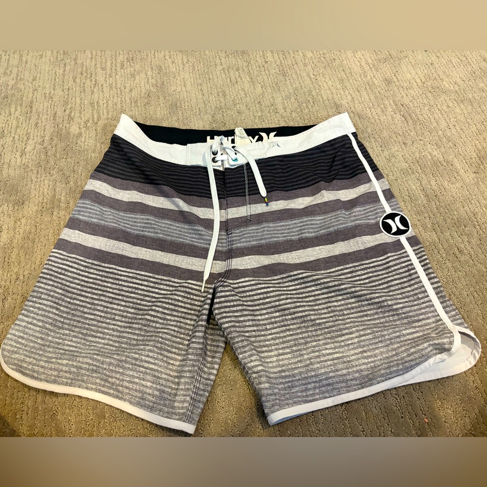 Hurley Men's Black and Gray Striped Swim Shorts